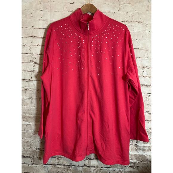 Quacker Factory Jacket Womens 3X Rhinestone Beaded Full Zip Front Hot Pink Plus - Picture 1 of 15